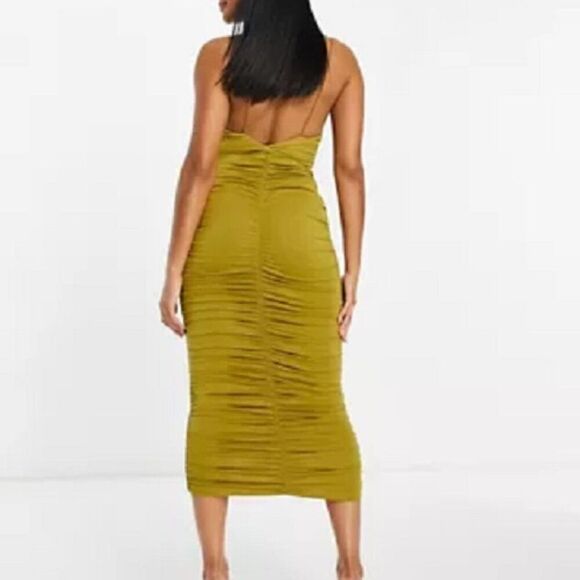 ASOS Design Cami Strappy Midi Dress Ruched Detail Gold Size US 06 - Picture 2 of 8